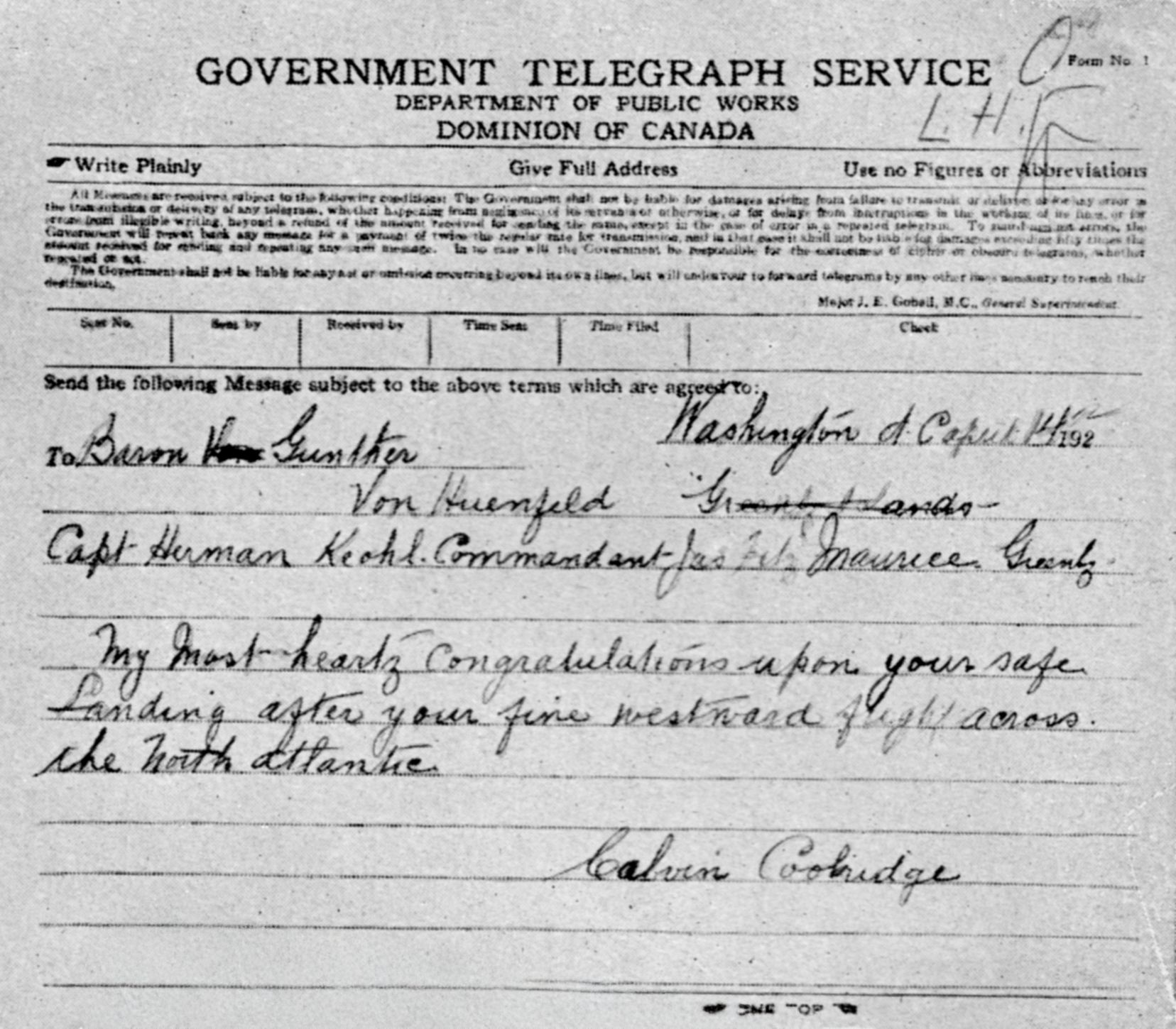 Glückwunschtelegramm des amerikanischen Präsidenten Coolidge